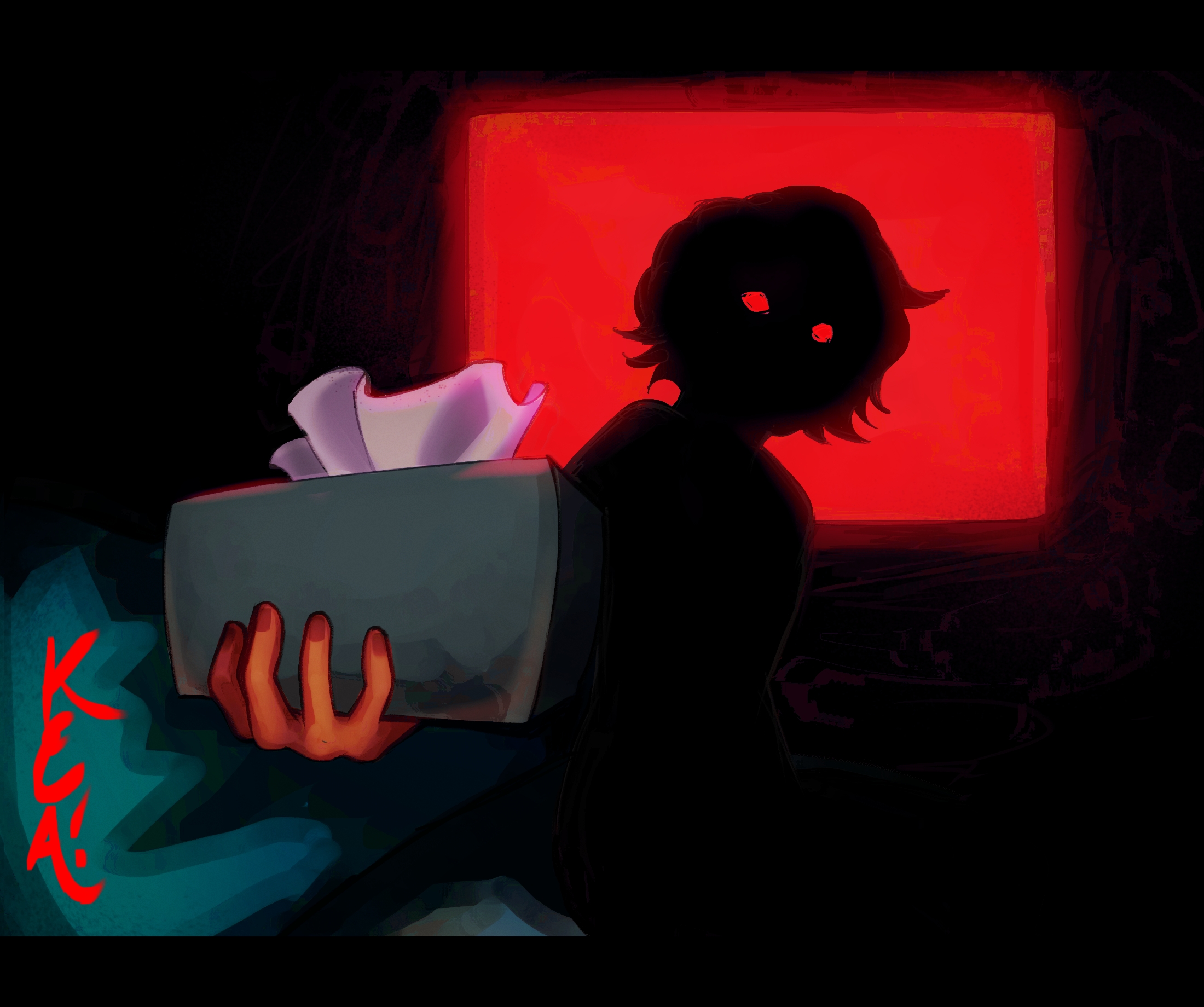 Digital art of Vee in front of a bright red window. Her form is completely black save for her eyes, which are also glowing red. She holds out a tissue box to the viewer.